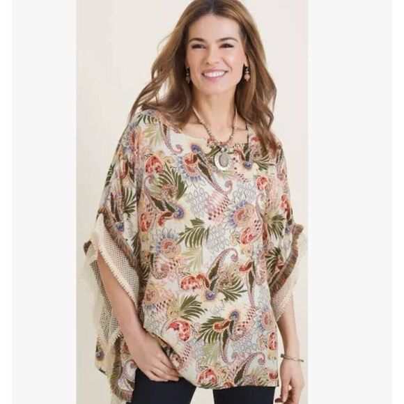 Chico’s‎ Paisley Print Boho Poncho Top Cream Multi Color Size S/M - Picture 5 of 12
